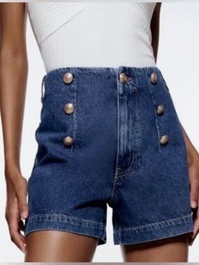 ZARA Z1975 High Rise Sailor Shorts Gold Button Nautical Denim XS NWOT